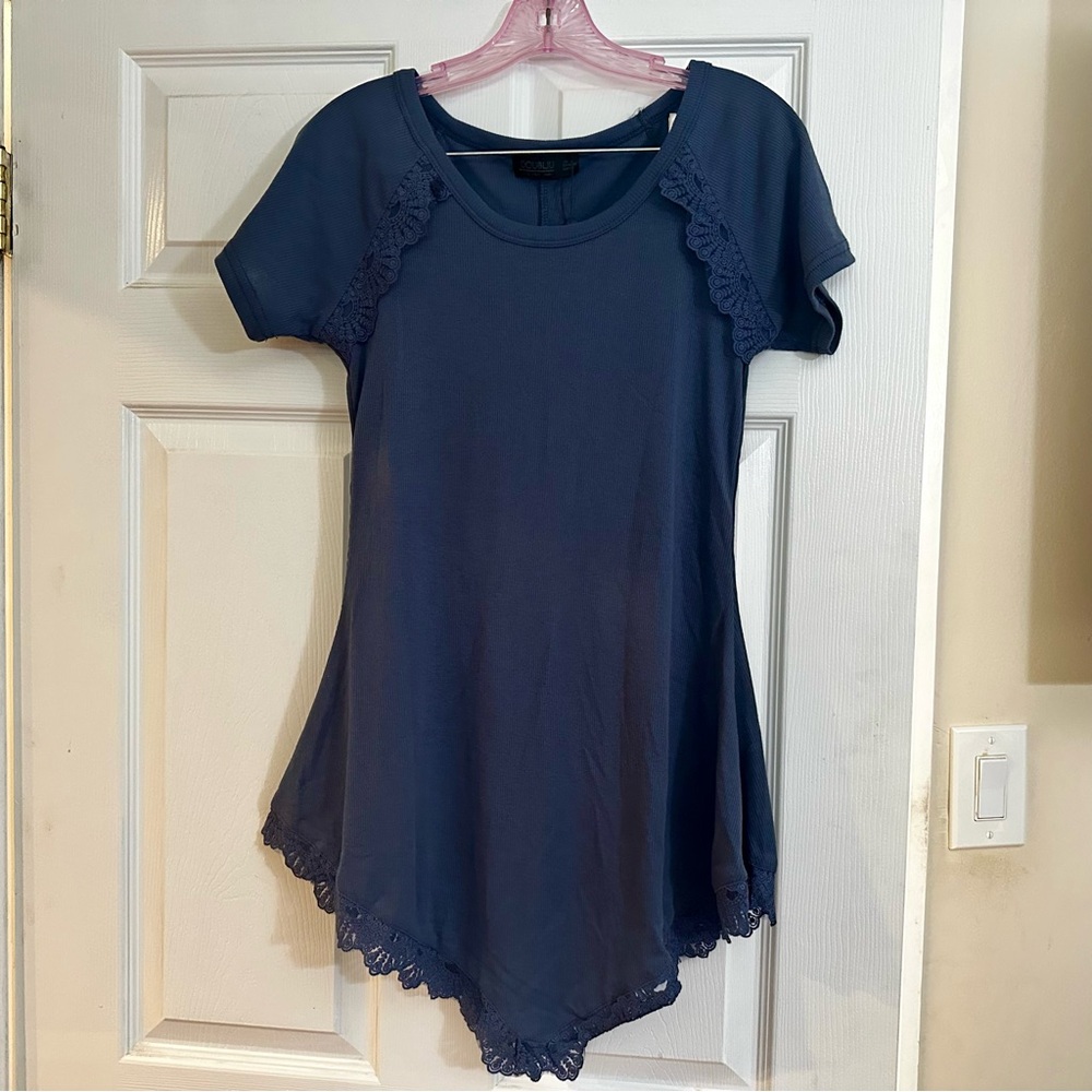 Doublju Women's Blue Tunic Top with Lace Trim